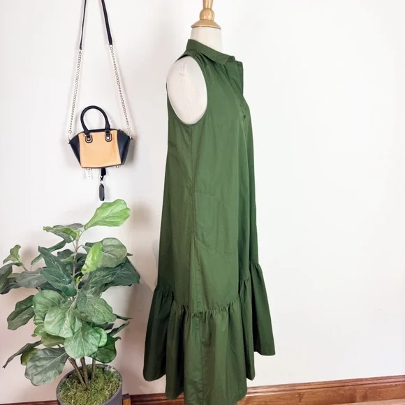💋Anthropologie Maeve Paola flounce Olive Green Midi Dress - Picture 6 of 11